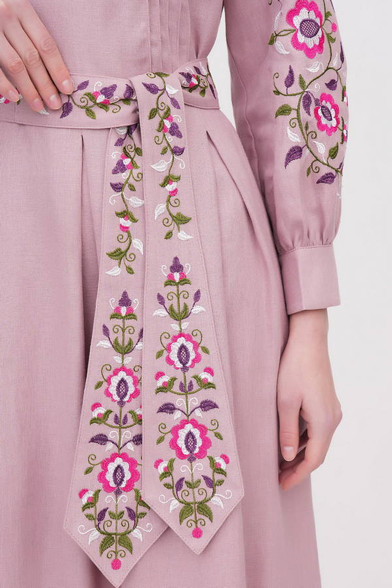 Festive pink linen dress with embroidery "Pelagia" 2